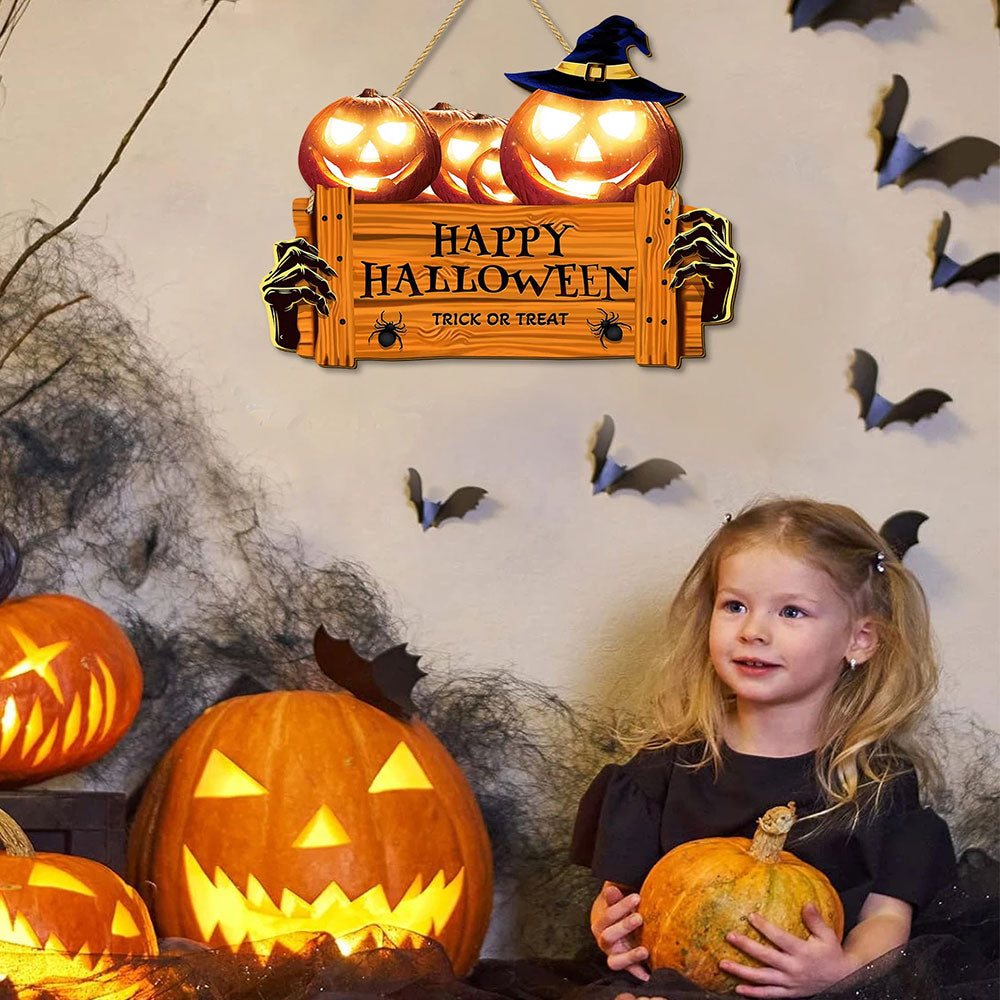 Happy Halloween Wooden Sign, Pumpkin With Hat Wooden Sign