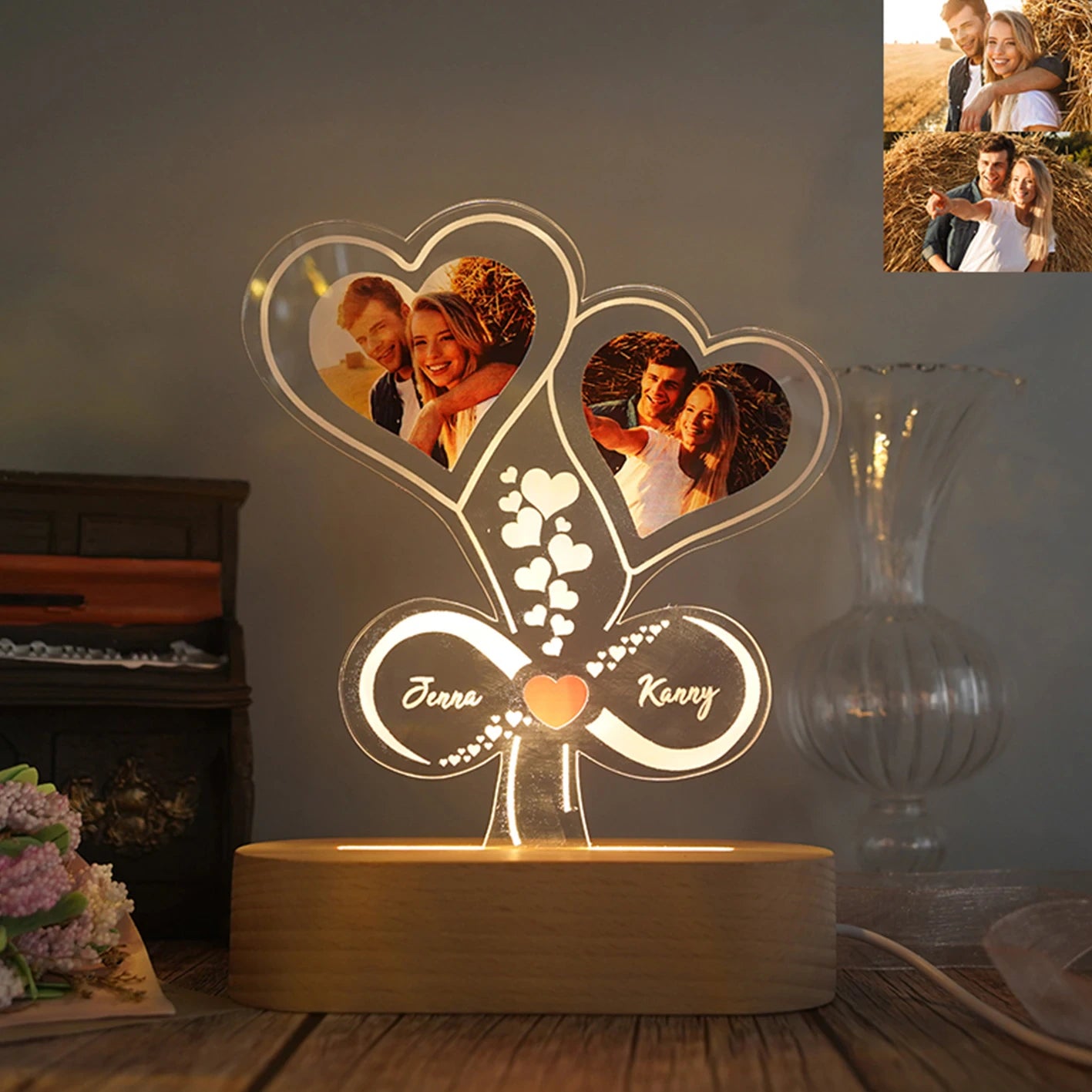 Personalized Night Light Custom Photos Lamp Text -Wedding Anniversary Birthday - Mother's Father's Day Gift