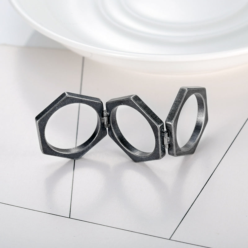 Vintage Men's Hexagon Ring - Antique Stainless Steel Jewelry Gift